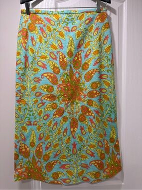 Zara Aqua Midi Skirt with Yellow and Coral Floral Print, Linen blend, XL
